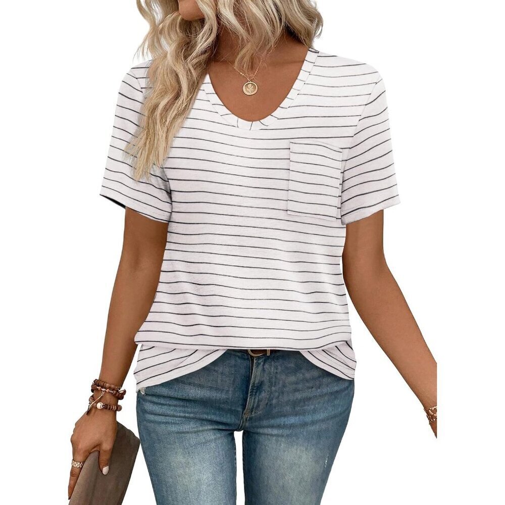 Women Summer T Shirts Short Sleeve V Neck Pocket Tee Tops Casual All Seasons